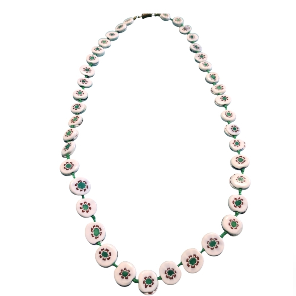 Ceramic hand made beaded individually knotted vintage floral theme necklace